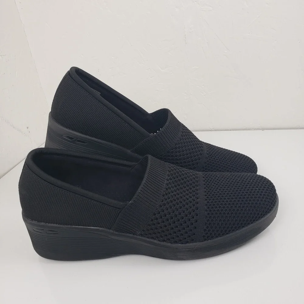 Skechers Women's 11 Pier Lite‎ Wow Factor Black Knit Wedge Slip On Sneaker Shoes